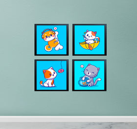 Set of four black 8x8" kids nursery frames forming a cute animal collage with colorful cartoon puppies and kittens on blue. - Pack of 4 Kids Nursery Picture Frames - 8x8" / Black / 1 - Frame World