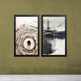 Two black custom frames collage featuring artistic Kaaba images on a muted olive wall. - 2 pcs Islamic Kaaba Frames - 8x12 / Black - Frame World