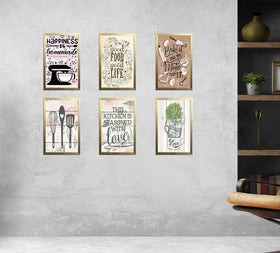 Six 4x6" golden frames with custom kitchen quotes and decorative collage on gray wall. - 6 PCS Kitchen Quotes Photo Wall Decoration Frames - 4x6" / Black - Frame World