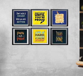 Six black 8x8" motivational quote frames arranged as a custom collage on gray wall. - 6 Pcs Picture Frames Motivational Quotes Wall frame - 8x8" / Black - Frame World