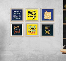 Six framed motivational quote prints in black, white, and yellow colors arranged in a custom collage on a gray wall. - 6 Pcs Picture Frames Motivational Quotes Wall frame - 8x8" / Black - Frame World