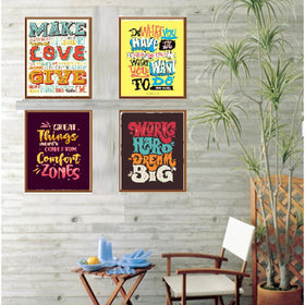 Set of four black-framed motivational quote prints arranged in a collage on a wooden wall. - Set of 4 Inspirational Quotes Frame set, Motivational Quote sets - 8x12" / Black / 1 - Frame World
