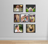 Set of 7 black photo frames arranged in custom wall collage with various sizes displaying family portraits. - Set of 7 - Photo Frames for Wall Collage (8x8inch= 1 frames, 8x10inch= 4, 5x7inch  = 2 ) - Black - Frame World