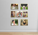 Set of 7 golden photo frames arranged in a custom wall collage with various sizes and family photos. - Set of 7 - Photo Frames for Wall Collage (8x8inch= 1 frames, 8x10inch= 4, 5x7inch  = 2 ) - Black - Frame World