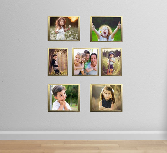 Set of 7 golden photo frames arranged in a custom wall collage with various sizes and family photos. - Set of 7 - Photo Frames for Wall Collage (8x8inch= 1 frames, 8x10inch= 4, 5x7inch  = 2 ) - Black - Frame World