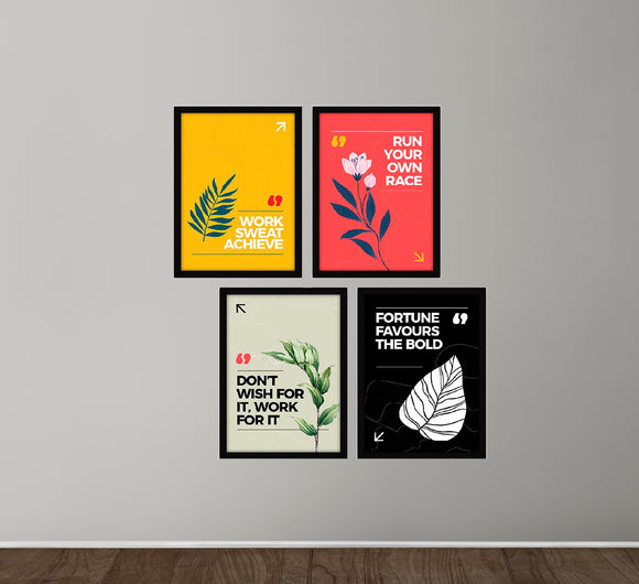 Set of four black frames with colorful motivational quote prints arranged in a collage on a gray wall. - Set of 4 Inspirational Quotes Frame set, Motivational Quote sets - 8x12" / Black / 1 - Frame World