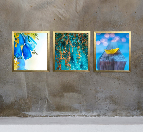 Set of three golden frames with abstract floral and nature collage art on a textured wall. - 3 PCS Abstract Photo Frame, Aesthetic Picture Frames - Black / 8x10" - Frame World