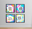 Set of four black square frames displaying colorful abstract backgrounds with motivational quotes for a custom collage wall. - Pack of 4 Inspirational Quote Frames, Motivational Quotes - Black / 7x7" / 1 - 4 pc, 5x5 - Frame World