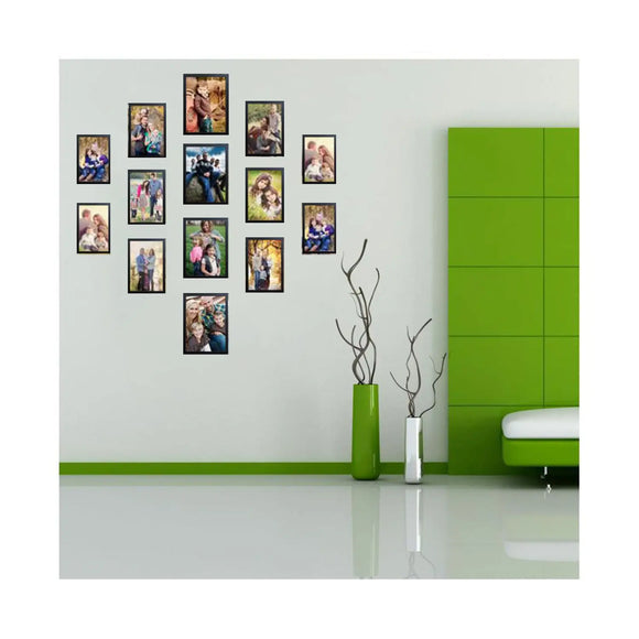 Black collage photo frames in 5x7 and 4x6 sizes arranged on a white wall with custom pictures displayed. - Pack of 14 Pack Collage Photo Frames set, Custom Pics Free Print (5x7 - 4 Pc, 4x6 - 10 Pc) - Black - Frame World