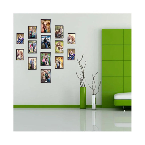 Black collage frames with custom photos arranged on white wall above modern green and white room accents. - Pack of 14 Pack Collage Photo Frames set, Custom Pics Free Print (5x7 - 4 Pc, 4x6 - 10 Pc) - Black - Frame World