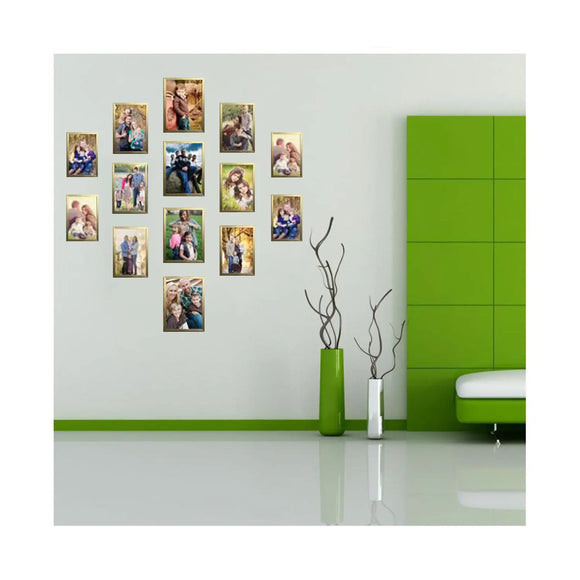 Black collage photo frames with custom pictures arranged on white wall in modern room. - Pack of 14 Pack Collage Photo Frames set, Custom Pics Free Print (5x7 - 4 Pc, 4x6 - 10 Pc) - Black - Frame World