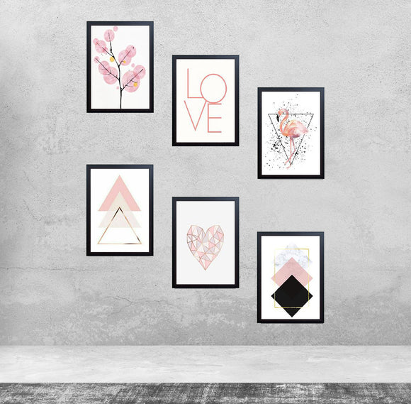 Set of six black frames with minimalist pink and white modern art prints arranged in a custom collage on gray wall. - 6 Pcs Inspirational Quote Frames set - 8x12" / Black / 1 - 5x5, 6 pc - Frame World