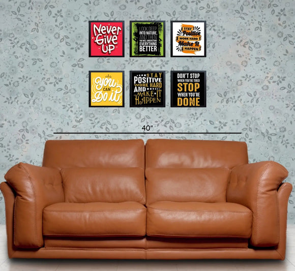 Six black 8x8" custom frames with motivational quotes arranged in a collage above a brown leather sofa. - 6 Pcs Picture Frames Motivational Quotes For Wall Décor - 8x8" / Black - Frame World