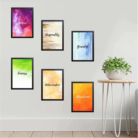 Six black 8x12" frames with inspirational quote prints in colorful collage on white wall. - 6 Pcs Inspirational Quote Frames set - 8x12" / Black / 1 - 5x5, 6 pc - Frame World
