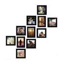 A collection of 11 black photo frames of various sizes arranged in a collage layout, with each frame containing a different photograph.