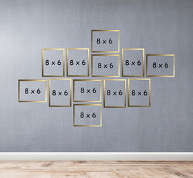Set of 12 golden collage frames, modern 6x8" custom wall arrangement on gray textured background. - Set of 12 6x8" Modern Collage Picture Frame for Living Room - Black - Frame World