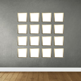 Set of 16 golden collage frames arranged in a 4x4 grid on gray wall with wooden floor. - Set of 16 Wall Collage Picture Frames - Black - Frame World