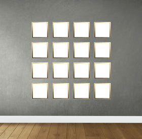 Set of 16 golden collage frames arranged in a 4x4 grid on gray wall with wooden floor. - Set of 16 Wall Collage Picture Frames - Black - Frame World