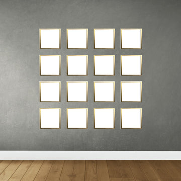 Set of 16 golden collage frames arranged in a 4x4 grid on gray wall with wooden floor. - Set of 16 Wall Collage Picture Frames - Black - Frame World
