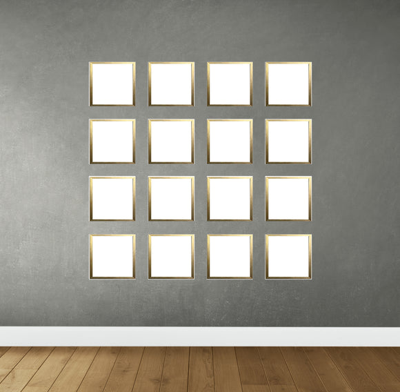 Set of 16 golden collage frames arranged in a 4x4 grid on gray wall with wooden floor. - Set of 16 Wall Collage Picture Frames - Black - Frame World