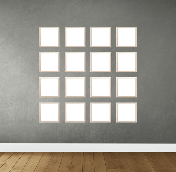 Set of 16 white square frames arranged in a grid collage on gray wall for custom photos. - Set of 16 Wall Collage Picture Frames - Black - Frame World