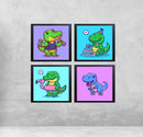 Set of four 8x8" black kids nursery frames with custom dinosaur collage prints on pastel backgrounds. - Pack of 4 Kids Nursery Picture Frames - 8x8" / Black / 1 - Frame World