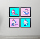 Set of four 8x8" black nursery frames arranged as a custom collage, each featuring colorful unicorn illustrations. - Pack of 4 Kids Nursery Picture Frames - 8x8" / Black / 1 - Frame World