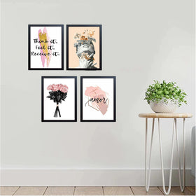 Black 8x12" frames arranged as a custom collage with floral and artistic prints. - Pack of 4 Girls Makeup Vanity Frames Salon & Makeup Room - 8x12" / Black / 1 - Frame World