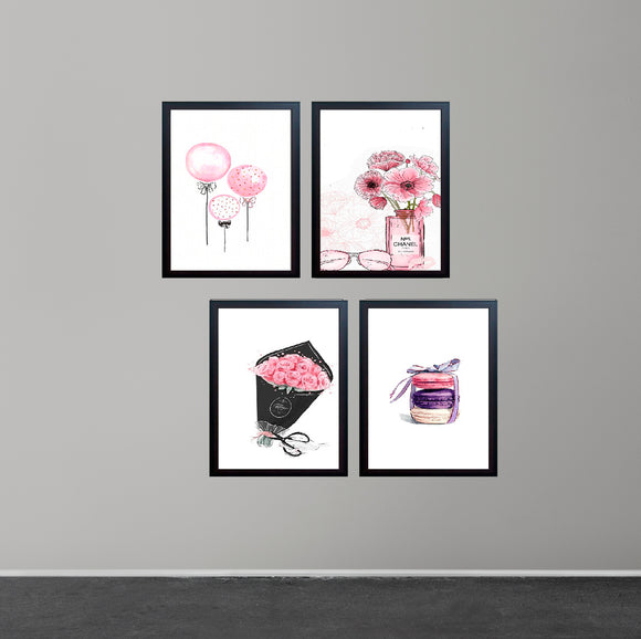 Set of four black frames displaying custom pink-themed makeup and floral collage art on white backgrounds. - Pack of 4 Girls Makeup Vanity Frames Salon & Makeup Room - 8x12" / Black / 1 - Frame World