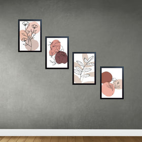 Set of 4 black collage frames with abstract botanical prints in soft pink and brown tones, customizable arrangement. - Set of 4 Abstract Wall Decoration Photo Frames - 6x8" / Black - Frame World