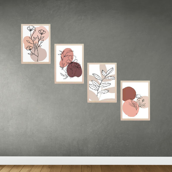 Set of 4 beige frames with custom abstract floral art arranged in a descending collage on a gray wall. - Set of 4 Abstract Wall Decoration Photo Frames - 6x8" / Black - Frame World