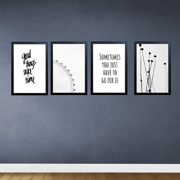 Set of 4 black abstract aesthetic frames in a custom collage arrangement on dark wall. - Set of 4 Abstract Aesthetic Picture Frames - 8x12" / Black - Frame World