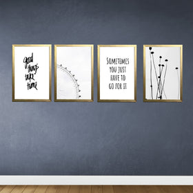 Set of four golden frames with abstract black and white collage art and custom motivational text on blue wall. - Set of 4 Abstract Aesthetic Picture Frames - 8x12" / Black - Frame World