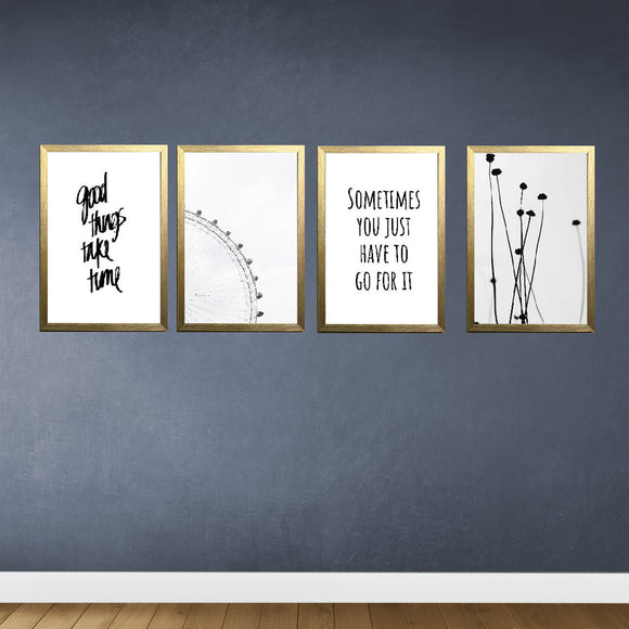 Set of four golden frames with abstract black and white collage art and custom motivational text on blue wall. - Set of 4 Abstract Aesthetic Picture Frames - 8x12" / Black - Frame World