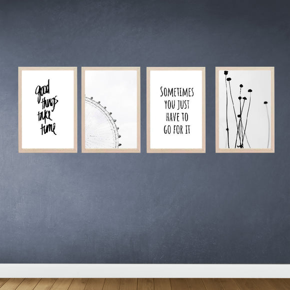 Set of four golden frames arranged as a custom collage with abstract and motivational prints on a dark blue wall. - Set of 4 Abstract Aesthetic Picture Frames - 8x12" / Black - Frame World