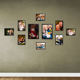 Black multi-size collage frames arranged on beige wall featuring various family photos in customizable layout. - Collage Wall Photo Frame Set of 10 – Customizable Multi-Size Display - Black - Frame World