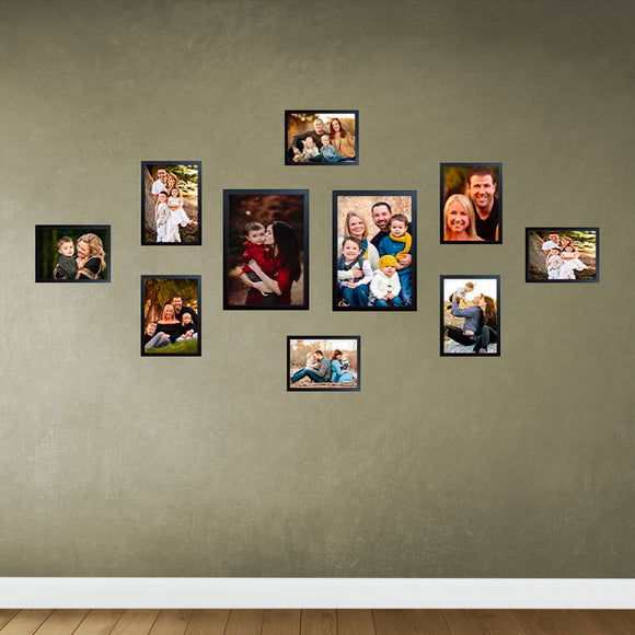 Black multi-size collage frames arranged on beige wall featuring various family photos in customizable layout. - Collage Wall Photo Frame Set of 10 – Customizable Multi-Size Display - Black - Frame World
