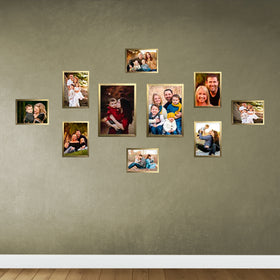 Golden collage wall frames set of 10 in various sizes with custom family photos displayed. - Collage Wall Photo Frame Set of 10 – Customizable Multi-Size Display - Black - Frame World