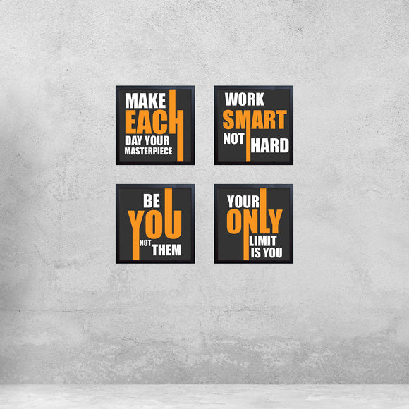 Set of 4 black inspirational quote frames forming a motivational collage with bold orange and white text. - Pack of 4 Inspirational Quote Frames, Motivational Quotes - Black / 7x7" / 1 - 4 pc, 5x5 - Frame World