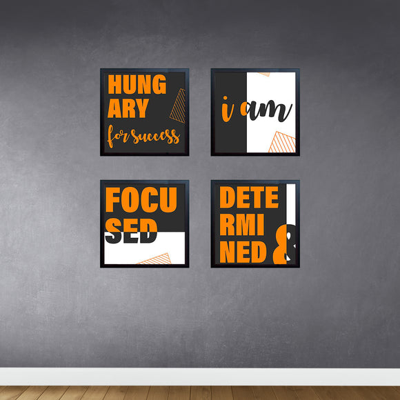 Set of four black square frames with motivational orange and white quote collage art on gray wall. - Pack of 4 Inspirational Quote Frames, Motivational Quotes - Black / 7x7" / 1 - 4 pc, 5x5 - Frame World