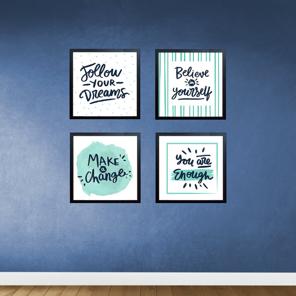 Set of four black-framed inspirational quotes with teal and black typography for custom collage display. - Pack of 4 Inspirational Quote Frames, Motivational Quotes - Black / 7x7" / 1 - 4 pc, 5x5 - Frame World