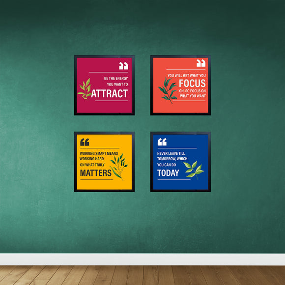 Set of four colorful inspirational quote frames in a custom collage on green wall. - Pack of 4 Inspirational Quote Frames, Motivational Quotes - Black / 7x7" / 1 - 4 pc, 5x5 - Frame World