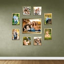 Golden collage photo frames arranged on green wall with mixed photo sizes and family pictures. - Set of 9 Collage Photo Frames for Living Room Study Room 1 Units of 8 X 10, 4 Units of 5 X 5,2 Unit of 5 X 7, 2 Units of 4 X 6) Inches - Black - Frame World