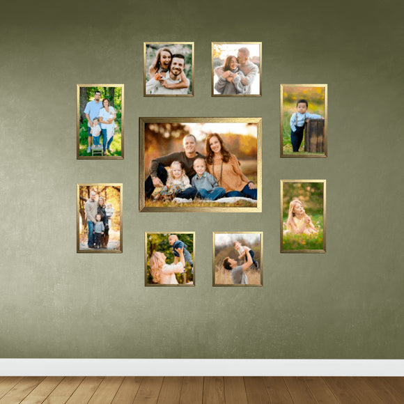Golden collage photo frames arranged on green wall with mixed photo sizes and family pictures. - Set of 9 Collage Photo Frames for Living Room Study Room 1 Units of 8 X 10, 4 Units of 5 X 5,2 Unit of 5 X 7, 2 Units of 4 X 6) Inches - Black - Frame World