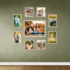 Custom brown collage frames set with mixed sizes including 8x10, 5x7, 5x5, and 4x6 inches on green wall. - Set of 9 Collage Photo Frames for Living Room Study Room 1 Units of 8 X 10, 4 Units of 5 X 5,2 Unit of 5 X 7, 2 Units of 4 X 6) Inches - Black - Frame World