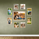 Custom brown collage frames set with mixed sizes including 8x10, 5x7, 5x5, and 4x6 inches on green wall. - Set of 9 Collage Photo Frames for Living Room Study Room 1 Units of 8 X 10, 4 Units of 5 X 5,2 Unit of 5 X 7, 2 Units of 4 X 6) Inches - Black - Frame World