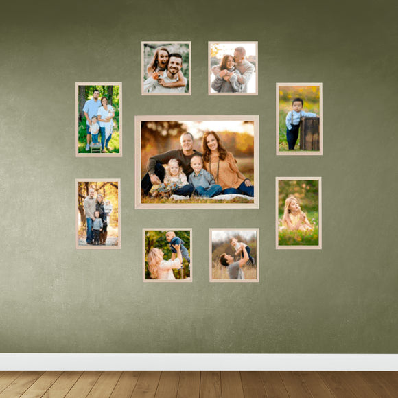 Custom brown collage frames set with mixed sizes including 8x10, 5x7, 5x5, and 4x6 inches on green wall. - Set of 9 Collage Photo Frames for Living Room Study Room 1 Units of 8 X 10, 4 Units of 5 X 5,2 Unit of 5 X 7, 2 Units of 4 X 6) Inches - Black - Frame World
