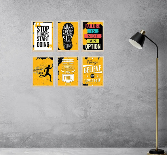 Six custom motivational quote frames in black, white, and yellow tones arranged as a collage on a gray wall next to a modern . - 6 Pcs Office Motivational Quotes Frames - 8x12" / Black - Frame World
