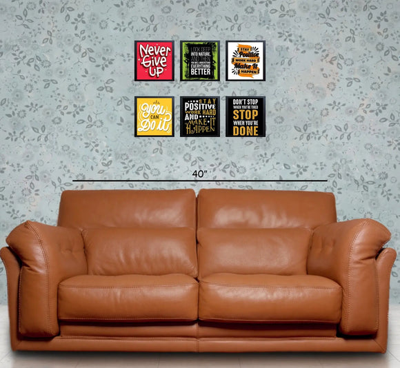 Set of six black motivational quote frames arranged as a wall collage above a brown leather sofa, perfect for custom decor. - 6 Pcs Picture Frames Motivational Quotes For Wall Décor - 8x8" / Black - Frame World