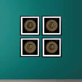 Set of four black 8x8" calligraphy frames arranged in a custom collage on teal wall. - Pack of 4 Calligraphy Frames for Photo Wall Decoration - 8x8" / Black - Frame World